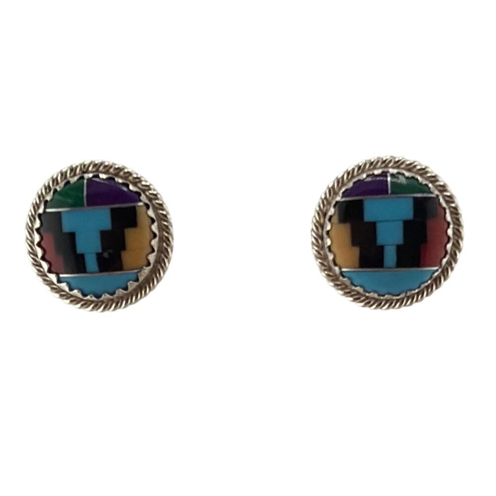Vintage Native American Sterling Silver Mosaic Inlay Stud Earrings